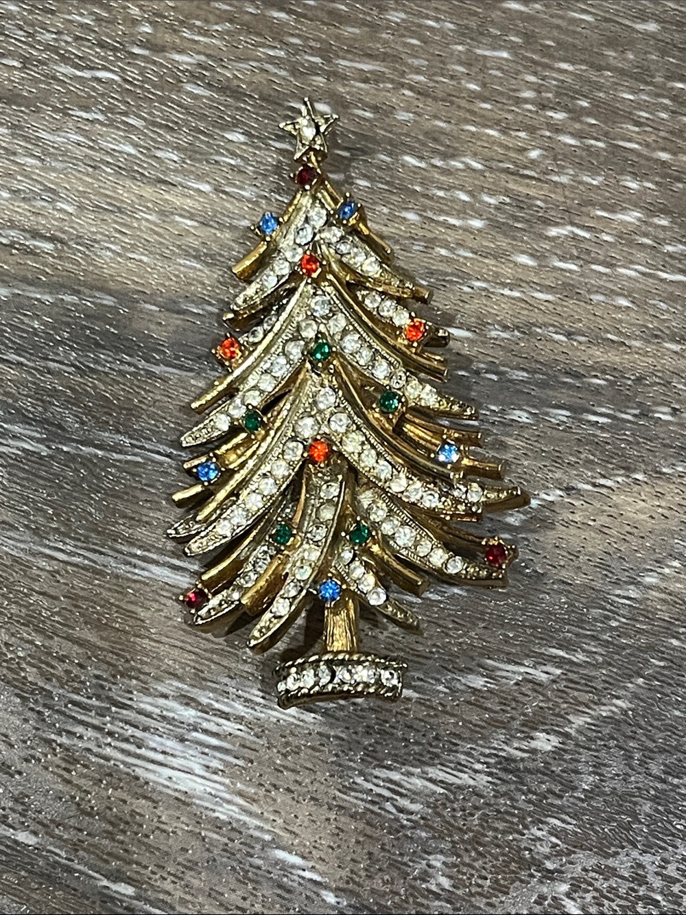 Gold Tone Christmas Tree Brooch with Multicolor Rhinestones